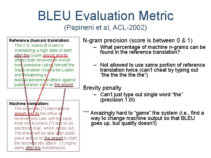 BLEU Evaluation Metric (Papineni et al, ACL-2002) Reference (human) translation: The U. S. island