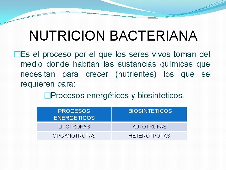 NUTRICION BACTERIANA �Es el proceso por el que los seres vivos toman del medio