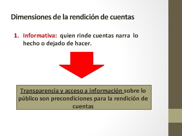 Dimensiones de la rendición de cuentas 1. Informativa: quien rinde cuentas narra lo hecho