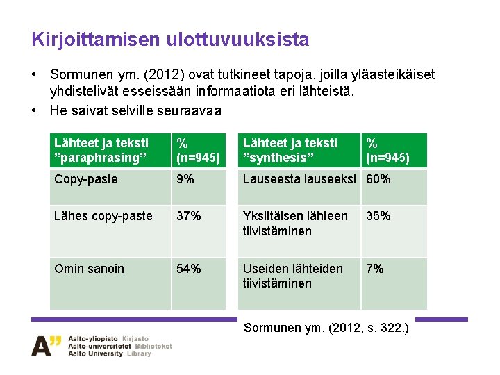 Kirjoittamisen ulottuvuuksista • Sormunen ym. (2012) ovat tutkineet tapoja, joilla yläasteikäiset yhdistelivät esseissään informaatiota