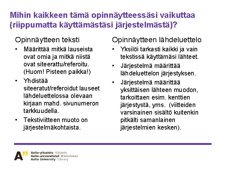 Mihin kaikkeen tämä opinnäytteessäsi vaikuttaa (riippumatta käyttämästäsi järjestelmästä)? Opinnäytteen teksti Opinnäytteen lähdeluettelo • Määrittää