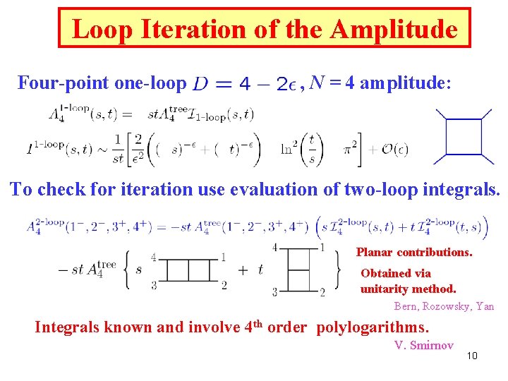 Loop Iteration of the Amplitude Four-point one-loop , N = 4 amplitude: To check