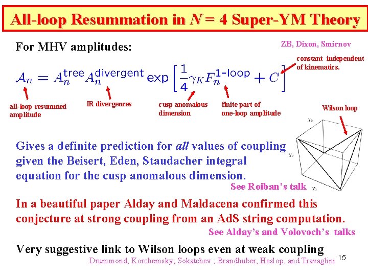 All-loop Resummation in N = 4 Super-YM Theory ZB, Dixon, Smirnov For MHV amplitudes: