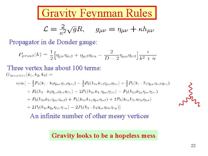 Gravity Feynman Rules Propagator in de Donder gauge: Three vertex has about 100 terms: