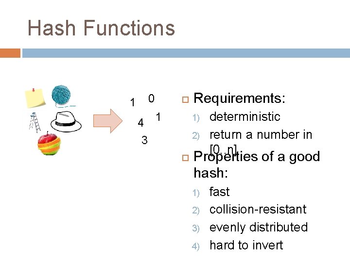 Hash Functions 0 1 4 1 Requirements: 1) 2) 3 deterministic return a number