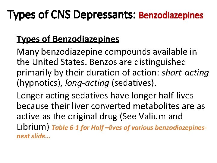 Types of CNS Depressants: Benzodiazepines Types of Benzodiazepines Many benzodiazepine compounds available in the