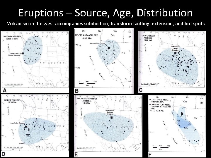 Eruptions – Source, Age, Distribution Volcanism in the west accompanies subduction, transform faulting, extension,