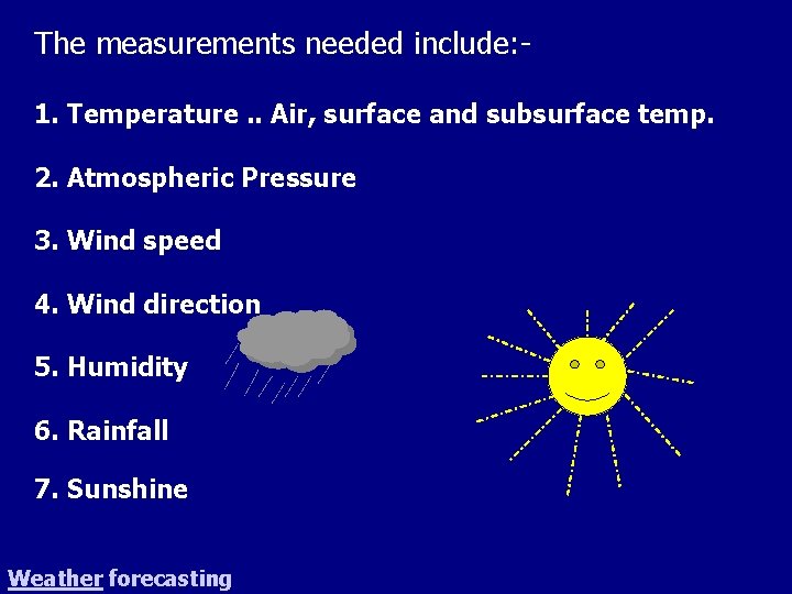 The measurements needed include: 1. Temperature. . Air, surface and subsurface temp. 2. Atmospheric
