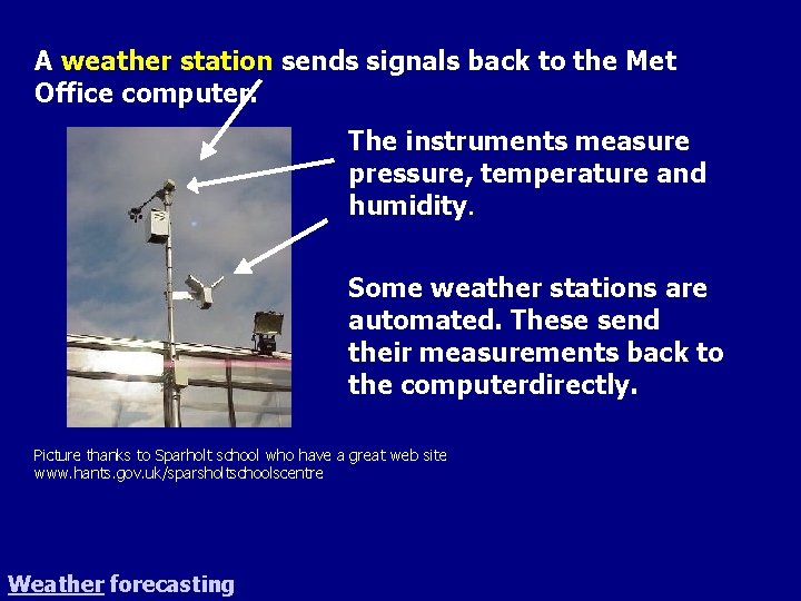 A weather station sends signals back to the Met Office computer. The instruments measure