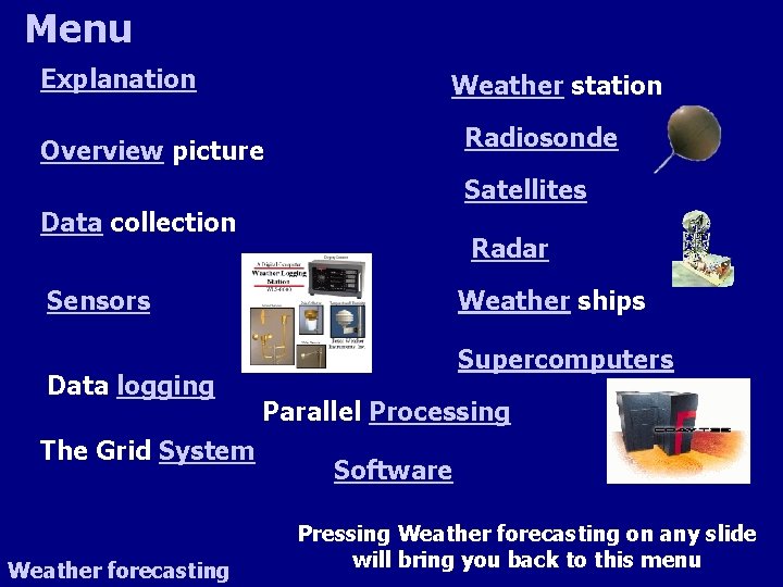 Menu Explanation Weather station Radiosonde Overview picture Satellites Data collection Radar Weather ships Sensors