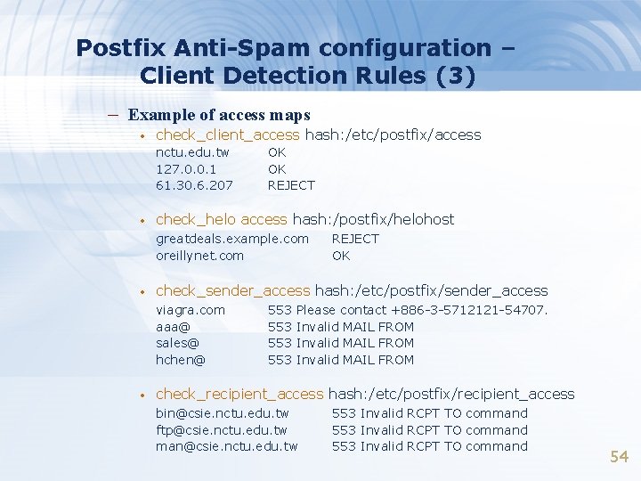 Postfix Anti-Spam configuration – Client Detection Rules (3) – Example of access maps • Postfix Anti-Spam configuration – Client Detection Rules (3) – Example of access maps •