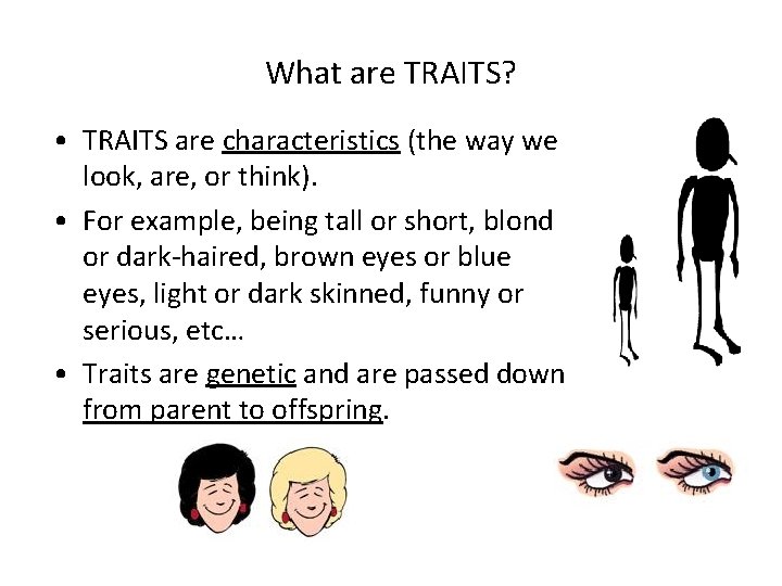 What are TRAITS? • TRAITS are characteristics (the way we look, are, or think).