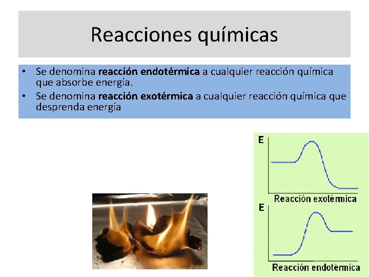 Reacciones químicas • Se denomina reacción endotérmica a cualquier reacción química que absorbe energía.