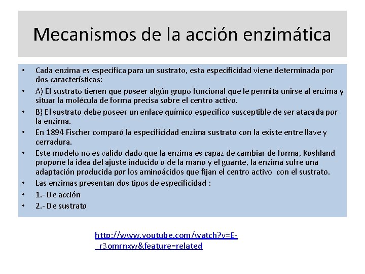 Mecanismos de la acción enzimática • • Cada enzima es especifica para un sustrato,