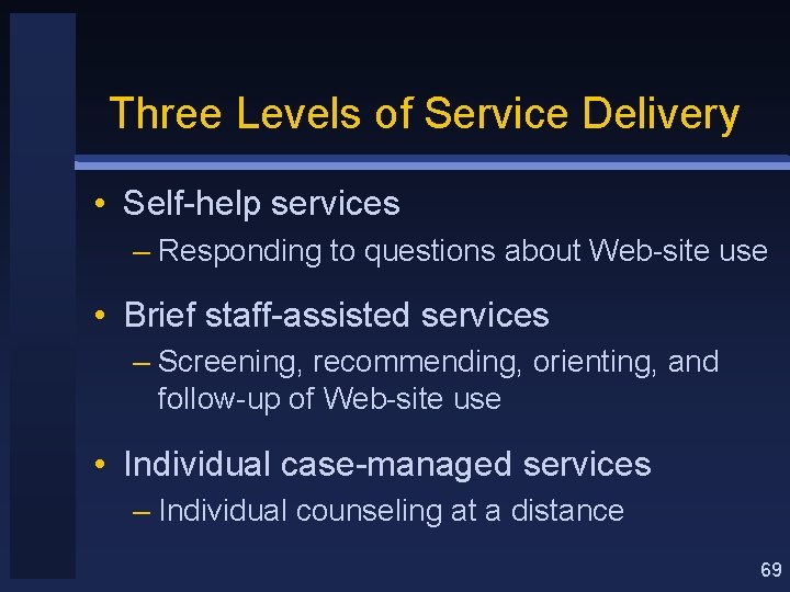 Three Levels of Service Delivery • Self-help services – Responding to questions about Web-site