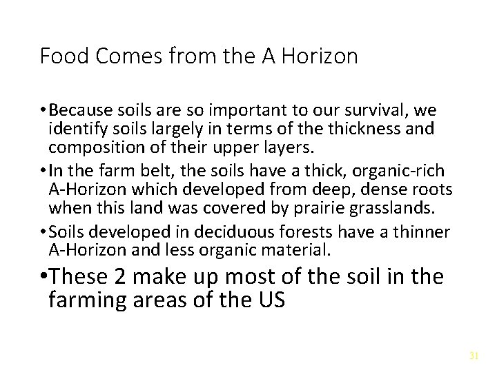Food Comes from the A Horizon • Because soils are so important to our