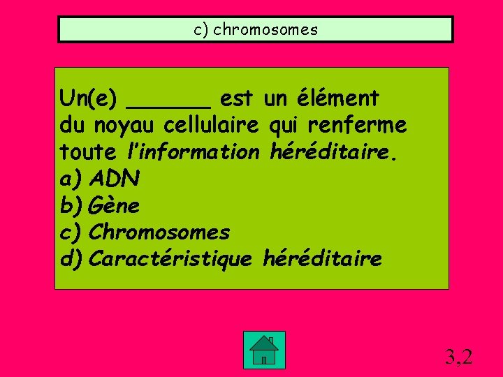 c) chromosomes Un(e) ______ est un élément du noyau cellulaire qui renferme toute l’information c) chromosomes Un(e) ______ est un élément du noyau cellulaire qui renferme toute l’information