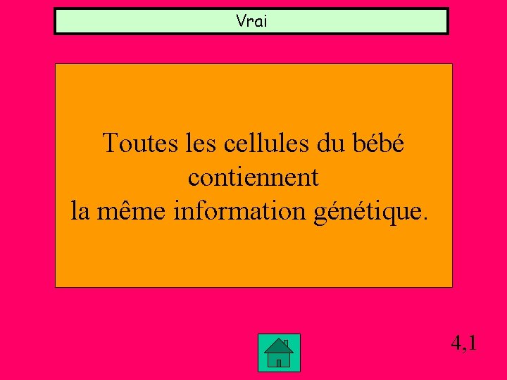 Vrai Toutes les cellules du bébé contiennent la même information génétique. 4, 1 Vrai Toutes les cellules du bébé contiennent la même information génétique. 4, 1