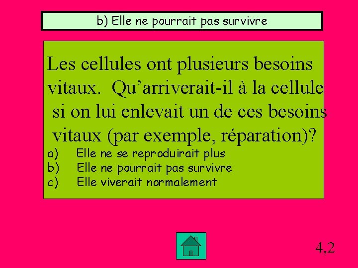 b) Elle ne pourrait pas survivre Les cellules ont plusieurs besoins vitaux. Qu’arriverait-il à b) Elle ne pourrait pas survivre Les cellules ont plusieurs besoins vitaux. Qu’arriverait-il à