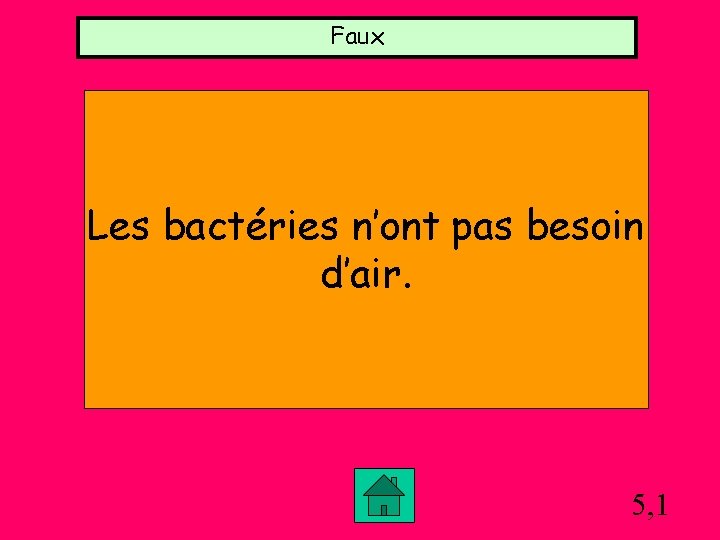 Faux Les bactéries n’ont pas besoin d’air. 5, 1 Faux Les bactéries n’ont pas besoin d’air. 5, 1