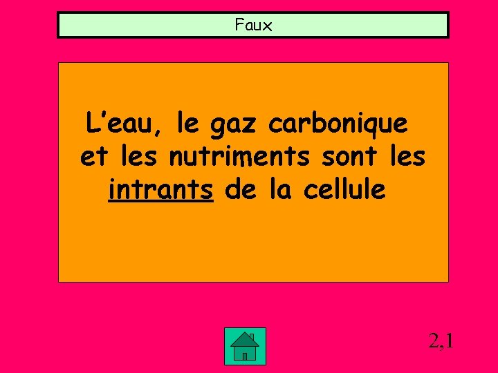 Faux L’eau, le gaz carbonique et les nutriments sont les intrants de la cellule Faux L’eau, le gaz carbonique et les nutriments sont les intrants de la cellule