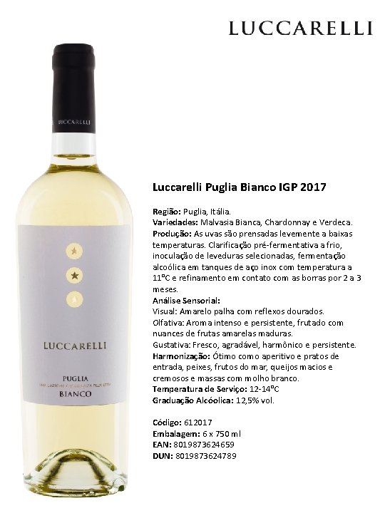 Luccarelli Puglia Bianco IGP 2017 Região: Puglia, Itália. Variedades: Malvasia Bianca, Chardonnay e Verdeca.