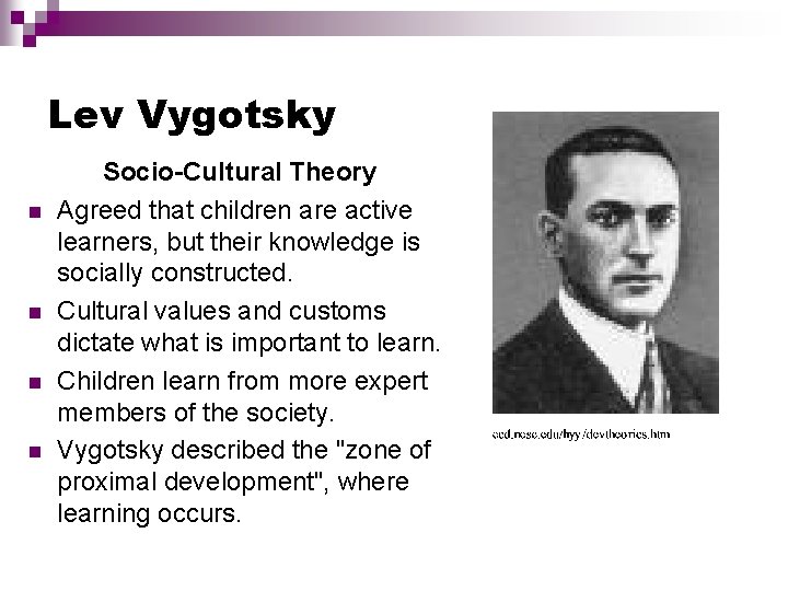 Lev Vygotsky Socio-Cultural Theory Agreed that children are active learners, but their knowledge is