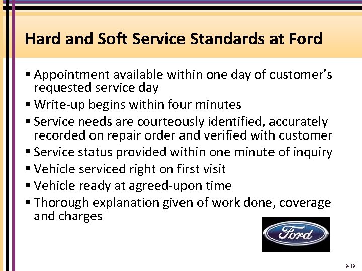 Hard and Soft Service Standards at Ford § Appointment available within one day of Hard and Soft Service Standards at Ford § Appointment available within one day of