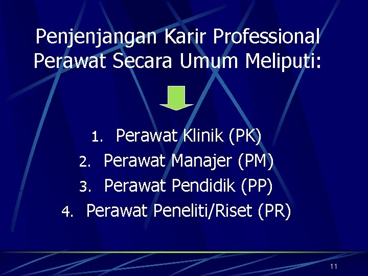 Penjenjangan Karir Professional Perawat Secara Umum Meliputi: 1. Perawat Klinik (PK) 2. Perawat Manajer
