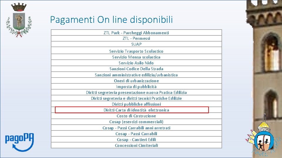 Pagamenti On line disponibili ZTL Park - Parcheggi Abbonamenti ZTL - Permessi SUAP Servizio