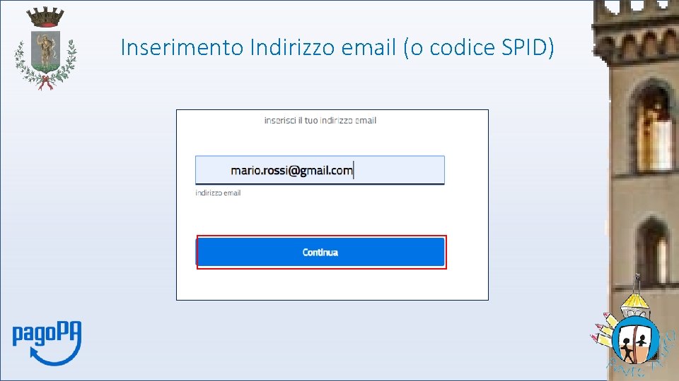 Inserimento Indirizzo email (o codice SPID) 