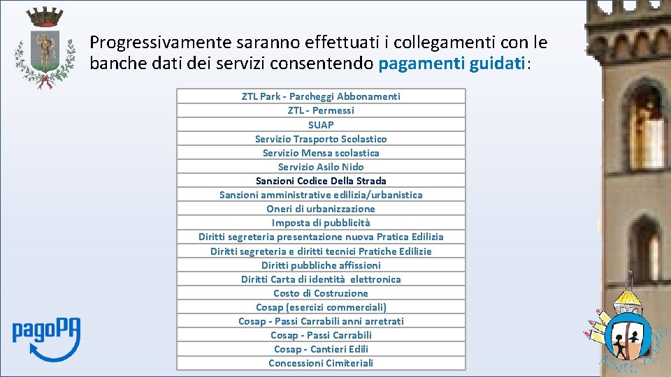 Progressivamente saranno effettuati i collegamenti con le banche dati dei servizi consentendo pagamenti guidati: