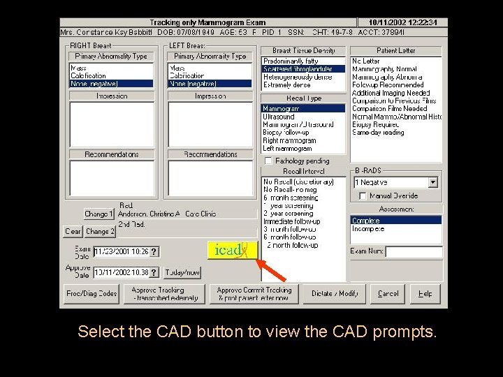 Select the CAD button to view the CAD prompts. 