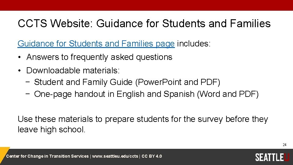 CCTS Website: Guidance for Students and Families page includes: • Answers to frequently asked