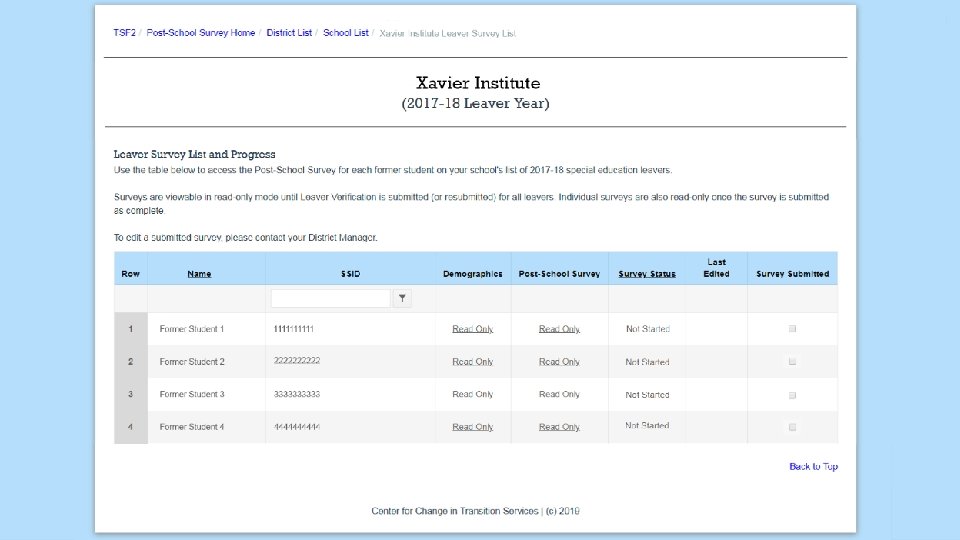 Scenario 1: Screenshot Image: screenshot of Leaver Survey List in read-only mode. Center for