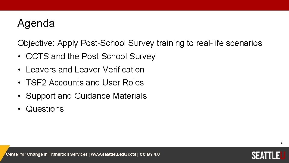 Agenda Objective: Apply Post-School Survey training to real-life scenarios • CCTS and the Post-School