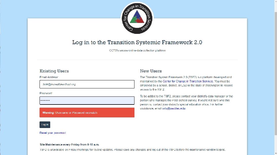 Scenario 4: Screenshot Image: screenshot of TSF 2 login screen with error message “username
