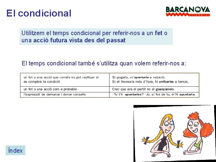 El condicional Utilitzem el temps condicional per referir-nos a un fet o una acció