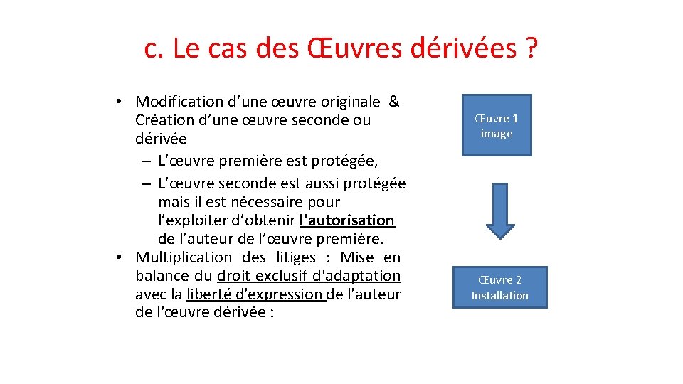 c. Le cas des Œuvres dérivées ? • Modification d’une œuvre originale & Création