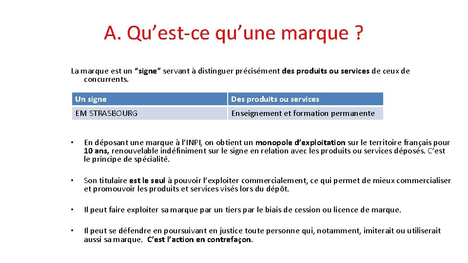 A. Qu’est-ce qu’une marque ? La marque est un “signe” servant à distinguer précisément