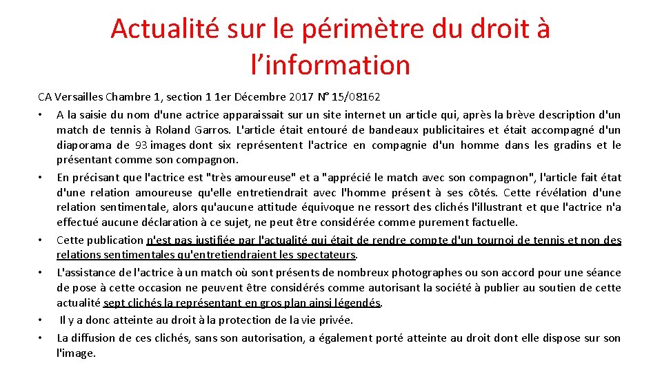 Actualité sur le périmètre du droit à l’information CA Versailles Chambre 1, section 1