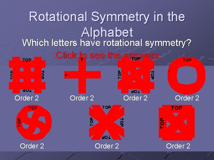 Rotational Symmetry in the Alphabet Which letters have rotational symmetry? Click to see the