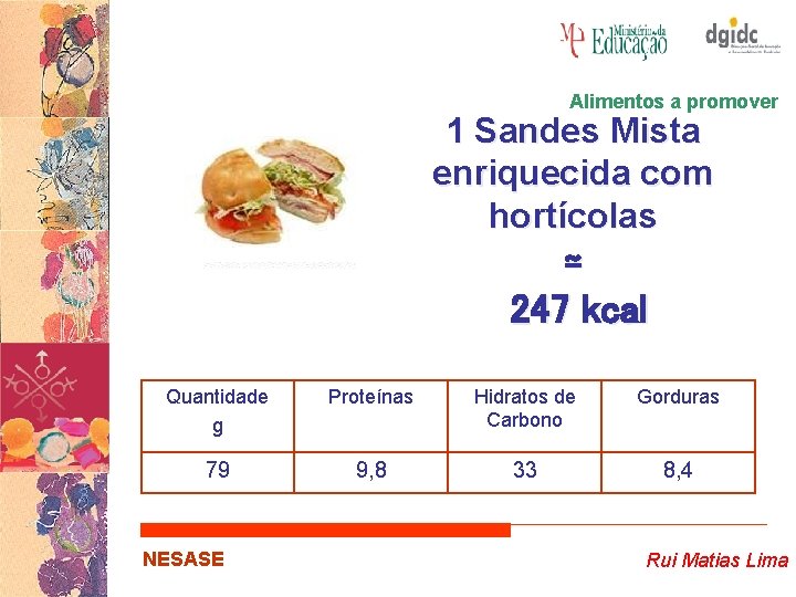 Alimentos a promover 1 Sandes Mista enriquecida com hortícolas ≃ 247 kcal Quantidade g