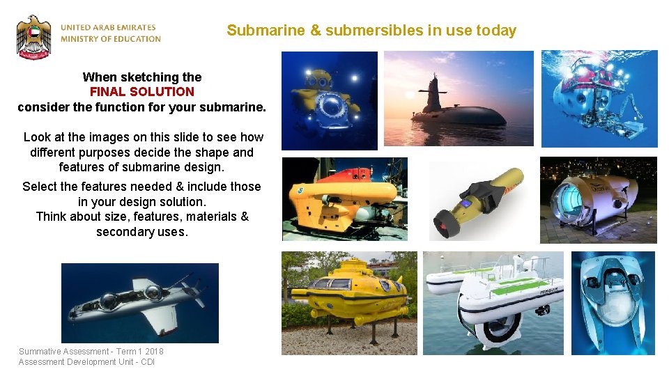 Submarine & submersibles in use today When sketching the FINAL SOLUTION consider the function