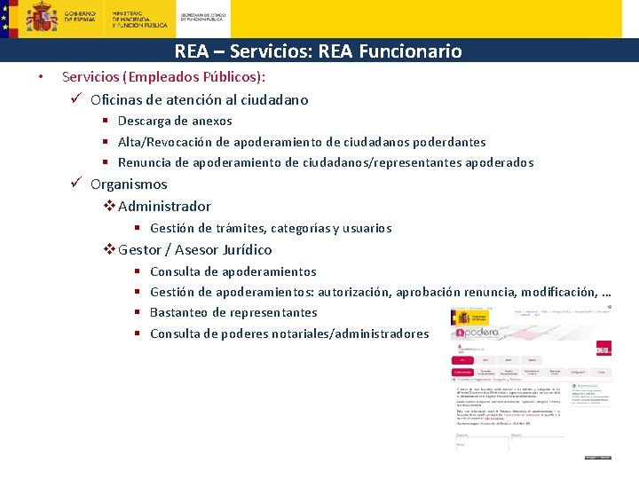 REA – Servicios: REA Funcionario • Servicios (Empleados Públicos): ü Oficinas de atención al