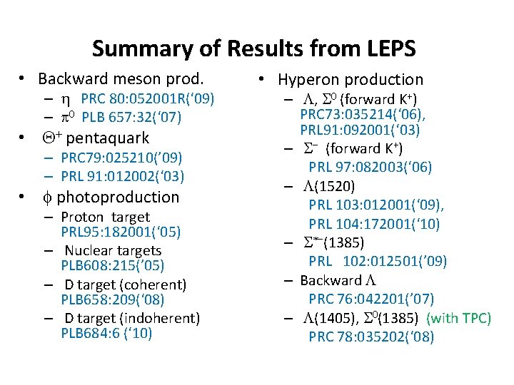 Summary of Results from LEPS • Backward meson prod. – h PRC 80: 052001