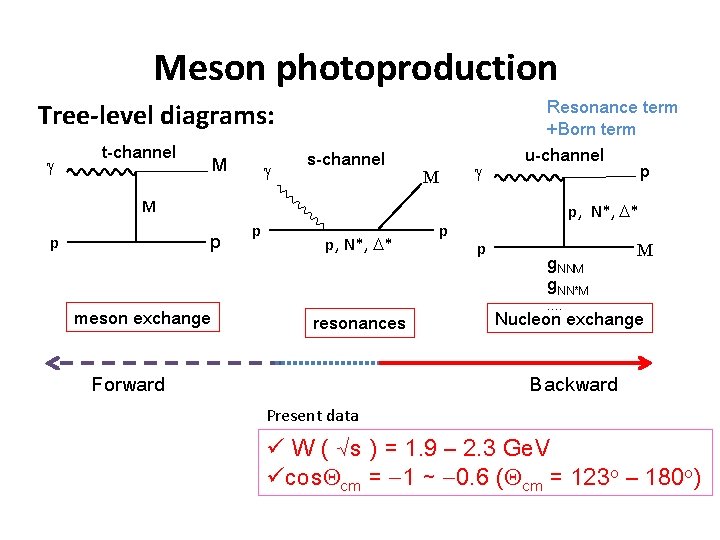 Meson photoproduction Tree-level diagrams: g t-channel M g s-channel M g Resonance term +Born