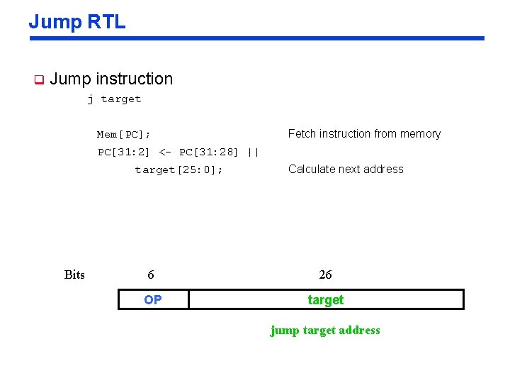 Jump RTL q Jump instruction j target Mem[PC]; Fetch instruction from memory PC[31: 2]