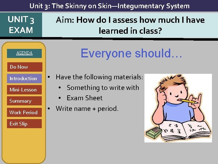 Unit 3: The Skinny on Skin—Integumentary System UNIT 3 EXAM AGENDA Aim: How do