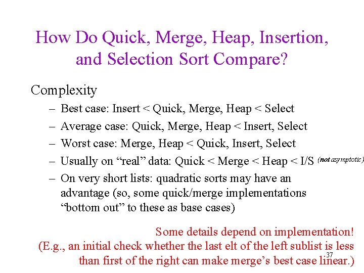 How Do Quick, Merge, Heap, Insertion, and Selection Sort Compare? Complexity – – –